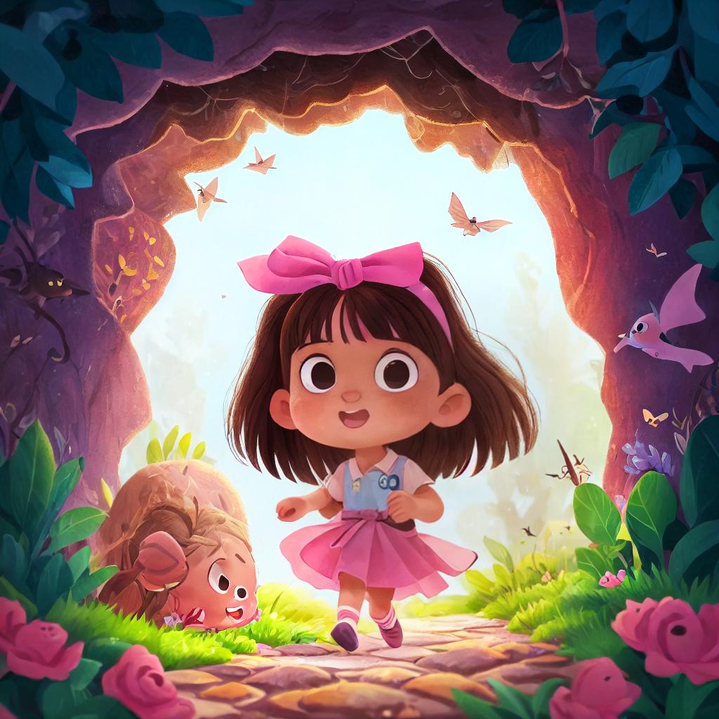  (best quality:1.5), (realistic:1.0), 1girl ,long brown hair, pink dress, blue ribbon, running, in the cave with bats, dim light