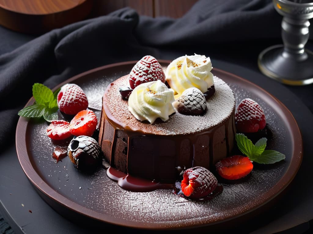  An ultradetailed image of a delicately plated dessert, featuring a rich chocolate lava cake dusted with powdered sugar, accompanied by a scoop of velvety vanilla ice cream, drizzled with a glossy raspberry sauce, and garnished with fresh mint leaves. The dessert is placed on a sleek, white ceramic plate set against a black slate surface, creating a visually striking contrast. The lighting is soft and diffused, highlighting the textures and colors of the dessert in exquisite detail. hyperrealistic, full body, detailed clothing, highly detailed, cinematic lighting, stunningly beautiful, intricate, sharp focus, f/1. 8, 85mm, (centered image composition), (professionally color graded), ((bright soft diffused light)), volumetric fog, trending on instagram, trending on tumblr, HDR 4K, 8K