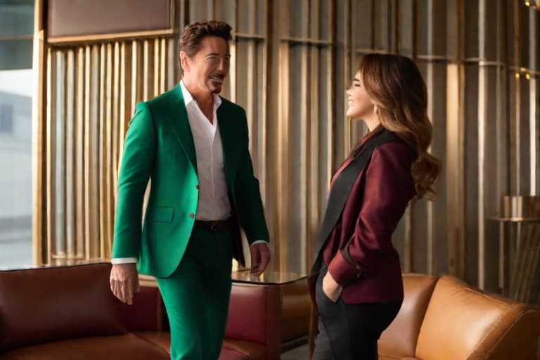  side view portrait, 1man (tony stark, marvel cinematic universe, male, hero, confident, powerful, wearing a black brown oxford shoes, black unbuttoned satin shirt, black denim pants ) and 1girl (female, russian girl, wavy brown hair with golden highlights, powerful, hero, confident, smiling flirtatiously, wearing emerald coloured feminine suit) facing each other while standing in front of a luxirious bar at resturant, cute, hyper detail, full HD hyperrealistic, full body, detailed clothing, highly detailed, cinematic lighting, stunningly beautiful, intricate, sharp focus, f/1. 8, 85mm, (centered image composition), (professionally color graded), ((bright soft diffused light)), volumetric fog, trending on instagram, trending on tumblr, HDR 4K, 8K