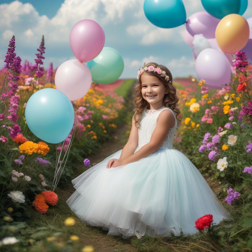  imagen de calidad fotográfica soleada veraniega. niños monísimos, vestidos con ropa coloreada, en un campo de flores. sonrientes, en diferentes poses, whimsical background. detrás un suave y transparente arco iris, nubes iridescentes, globos. El fondo debe ser más suave que la imagen frontal de los niños para crear contraste. Calidad fotográfica profesional. Shot on Nikon D70. Colores cálidos. Foto de la mejor calidad. hyperrealistic, full body, detailed clothing, highly detailed, cinematic lighting, stunningly beautiful, intricate, sharp focus, f/1. 8, 85mm, (centered image composition), (professionally color graded), ((bright soft diffused light)), volumetric fog, trending on instagram, trending on tumblr, HDR 4K, 8K