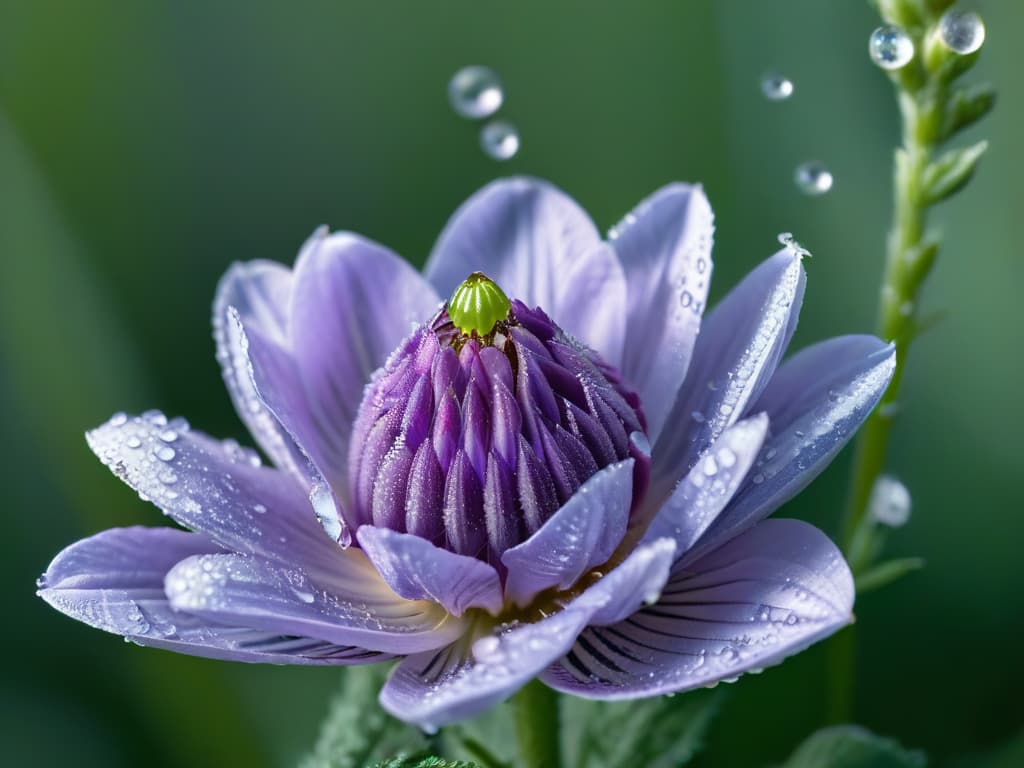  A closeup, ultradetailed image of a vibrant purple lavender flower blooming under soft natural lighting, showcasing intricate details of the delicate petals and the tiny buds, with dewdrops glistening on the surface, set against a blurred background of lush greenery. hyperrealistic, full body, detailed clothing, highly detailed, cinematic lighting, stunningly beautiful, intricate, sharp focus, f/1. 8, 85mm, (centered image composition), (professionally color graded), ((bright soft diffused light)), volumetric fog, trending on instagram, trending on tumblr, HDR 4K, 8K