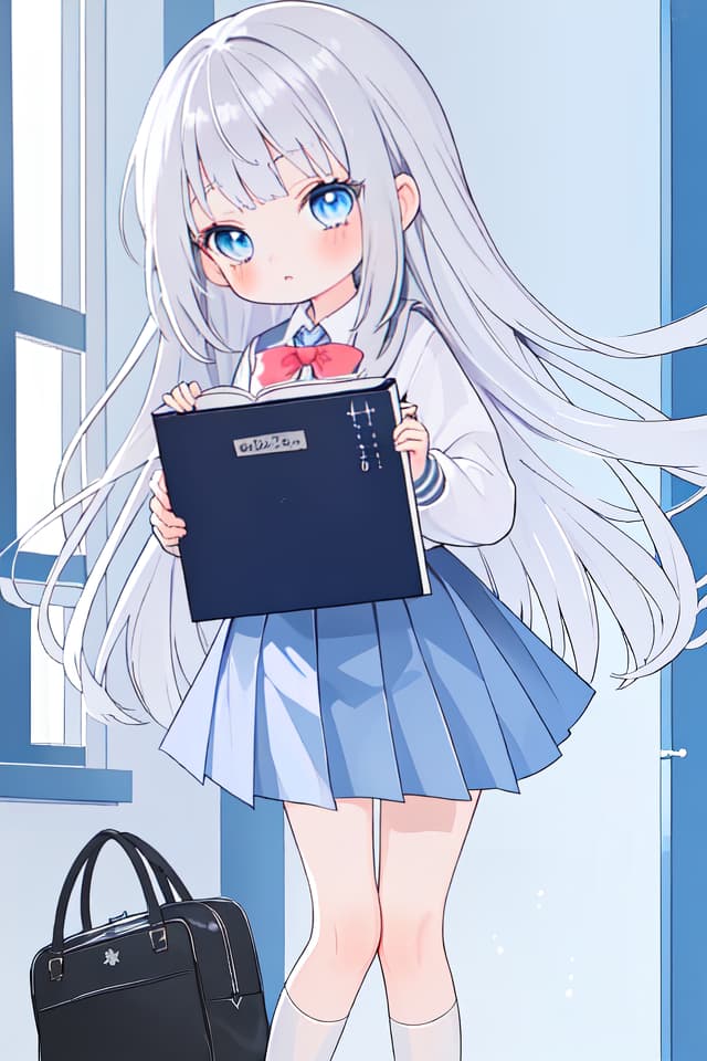  Silver hair long, little girl, blue eyes, school uniform