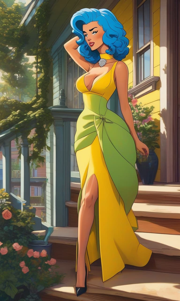  stacked papercut art of Character Marge Simpson, concept art, with voluminous blue hair, smiling, showing teeth, in a long yellow evening dress, with a diamond necklace, standing on the porch of the house, 2D, anime, extremely hyper detailed clothing, (extremely detailed face), (masterpiece: 1.4), (perfect eyes: 1.1), (deep green colored eyes) . 3D, layered, dimensional, depth, precision cut, stacked layers, papercut, high contrast hyperrealistic, full body, detailed clothing, highly detailed, cinematic lighting, stunningly beautiful, intricate, sharp focus, f/1. 8, 85mm, (centered image composition), (professionally color graded), ((bright soft diffused light)), volumetric fog, trending on instagram, trending on tumblr, HDR 4K, 8K