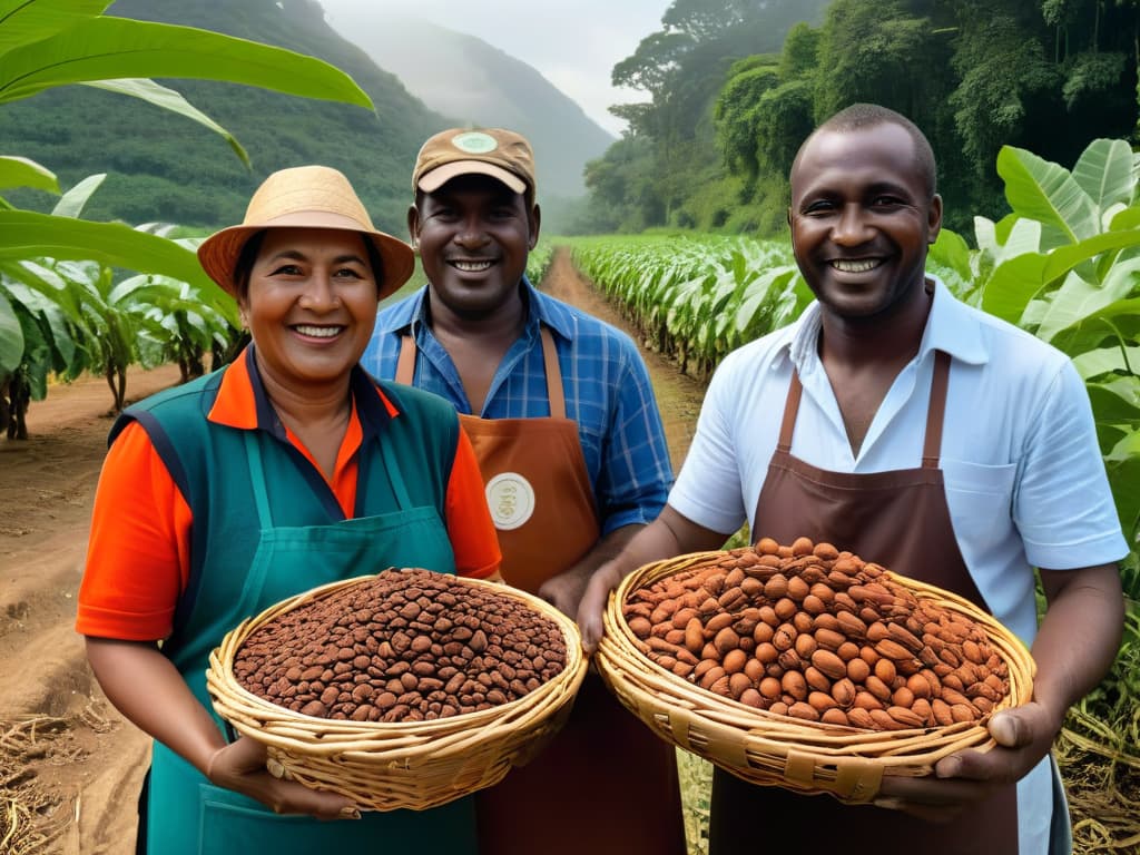  An ultradetailed photorealistic image of a diverse group of smiling farmers from different parts of the world, proudly holding baskets overflowing with vibrant, ethically sourced ingredients like cocoa beans, vanilla pods, coffee beans, and various spices. The sunlight filters through the lush trees in the background, casting a warm glow on the scene, emphasizing the natural beauty of the ingredients and the people who cultivate them. The intricate details of the farmers' weathered hands, the textures of the ingredients, and the rich colors of the scene all come together to evoke a sense of connection, sustainability, and the transformative power of fair trade ingredients in desserts and beyond. hyperrealistic, full body, detailed clothing, highly detailed, cinematic lighting, stunningly beautiful, intricate, sharp focus, f/1. 8, 85mm, (centered image composition), (professionally color graded), ((bright soft diffused light)), volumetric fog, trending on instagram, trending on tumblr, HDR 4K, 8K