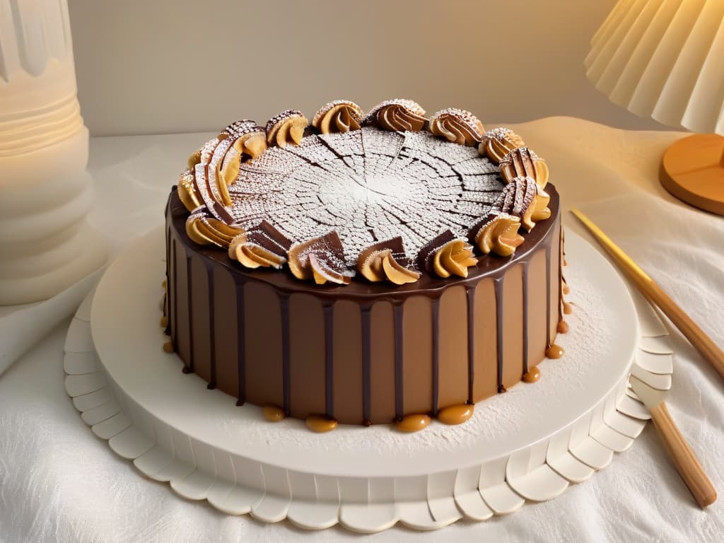  An ultradetailed image of a traditional Hungarian Dobos Torte, showcasing intricate layers of sponge cake and chocolate buttercream, topped with glossy caramel shards and a dusting of powdered sugar. The cake sits on a delicate porcelain plate adorned with ornate Hungarian patterns, set against a backdrop of vintage lace tablecloth. The lighting is soft, casting subtle shadows to accentuate the texture and elegance of this iconic dessert. hyperrealistic, full body, detailed clothing, highly detailed, cinematic lighting, stunningly beautiful, intricate, sharp focus, f/1. 8, 85mm, (centered image composition), (professionally color graded), ((bright soft diffused light)), volumetric fog, trending on instagram, trending on tumblr, HDR 4K, 8K