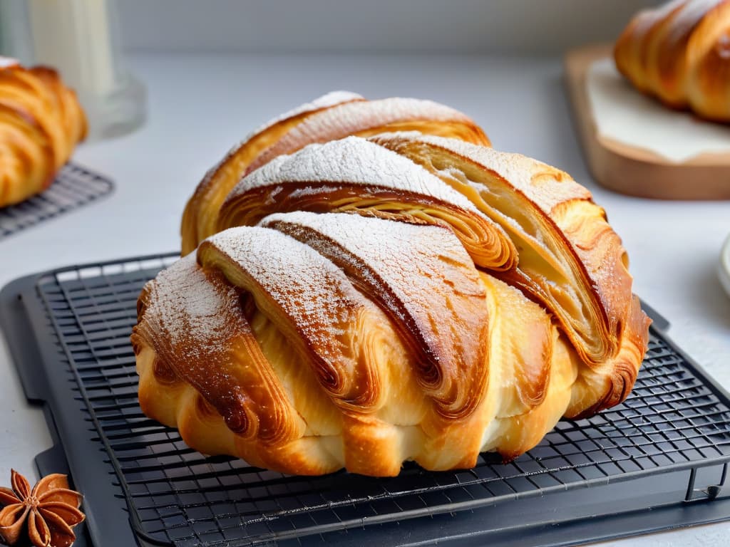  An ultradetailed image of a perfectly goldenbrown croissant, freshly baked and cooling on a wire rack, with delicate layers visible on the inside, surrounded by a light dusting of powdered sugar. The background is a simple white marble countertop, emphasizing the precision and skill required in advanced baking techniques. hyperrealistic, full body, detailed clothing, highly detailed, cinematic lighting, stunningly beautiful, intricate, sharp focus, f/1. 8, 85mm, (centered image composition), (professionally color graded), ((bright soft diffused light)), volumetric fog, trending on instagram, trending on tumblr, HDR 4K, 8K