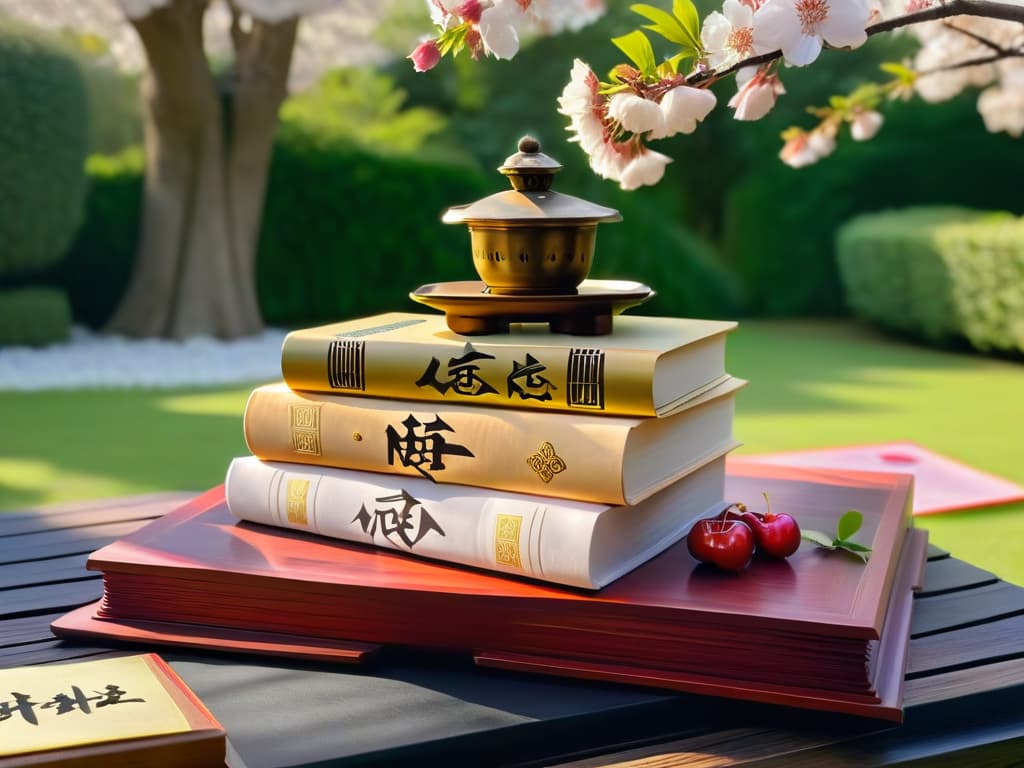  An intricately detailed, minimalist illustration of a stack of ancient, weathered Asian recipe books with faded calligraphy on their spines, surrounded by delicate cherry blossom petals in soft hues of pink and white, set against a serene backdrop of a tranquil Japanese garden with a stone lantern and mosscovered stepping stones. hyperrealistic, full body, detailed clothing, highly detailed, cinematic lighting, stunningly beautiful, intricate, sharp focus, f/1. 8, 85mm, (centered image composition), (professionally color graded), ((bright soft diffused light)), volumetric fog, trending on instagram, trending on tumblr, HDR 4K, 8K