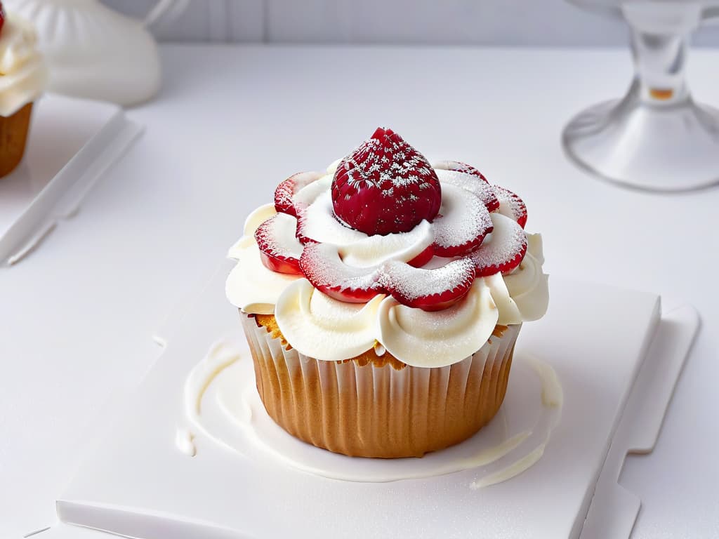  A closeup, ultradetailed image of a perfectly frosted cupcake with a delicate swirl of sugarfree icing on top, adorned with a single fresh raspberry glistening with a light drizzle of sugarfree syrup, all set against a pristine white backdrop that highlights the intricate details of the dessert. hyperrealistic, full body, detailed clothing, highly detailed, cinematic lighting, stunningly beautiful, intricate, sharp focus, f/1. 8, 85mm, (centered image composition), (professionally color graded), ((bright soft diffused light)), volumetric fog, trending on instagram, trending on tumblr, HDR 4K, 8K