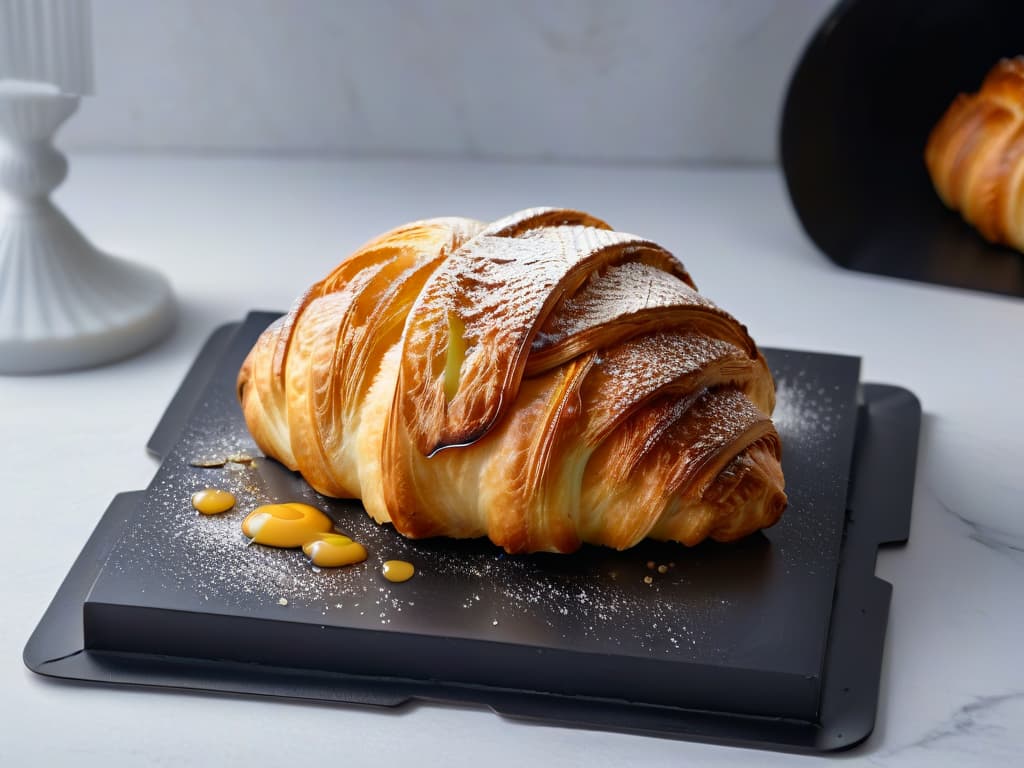  A closeup, ultradetailed image of a golden, freshly baked croissant with flaky layers, glistening with a light brush of honey, placed on a sleek, matte black plate against a white marble backdrop. The croissant is perfectly goldenbrown, emitting a subtle steam, with delicate crumbs scattered around it, capturing the essence of premium baking and highquality ingredients. hyperrealistic, full body, detailed clothing, highly detailed, cinematic lighting, stunningly beautiful, intricate, sharp focus, f/1. 8, 85mm, (centered image composition), (professionally color graded), ((bright soft diffused light)), volumetric fog, trending on instagram, trending on tumblr, HDR 4K, 8K