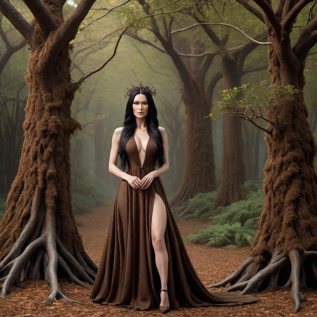  A woman with white skin and long black hair, dressed in brown that resembles the bark of a tree. She looks like a tree from head to toe, with her toes transforming into branches that connect to the roots on the ground, and her hands also connected with the branches. hyperrealistic, full body, detailed clothing, highly detailed, cinematic lighting, stunningly beautiful, intricate, sharp focus, f/1. 8, 85mm, (centered image composition), (professionally color graded), ((bright soft diffused light)), volumetric fog, trending on instagram, trending on tumblr, HDR 4K, 8K