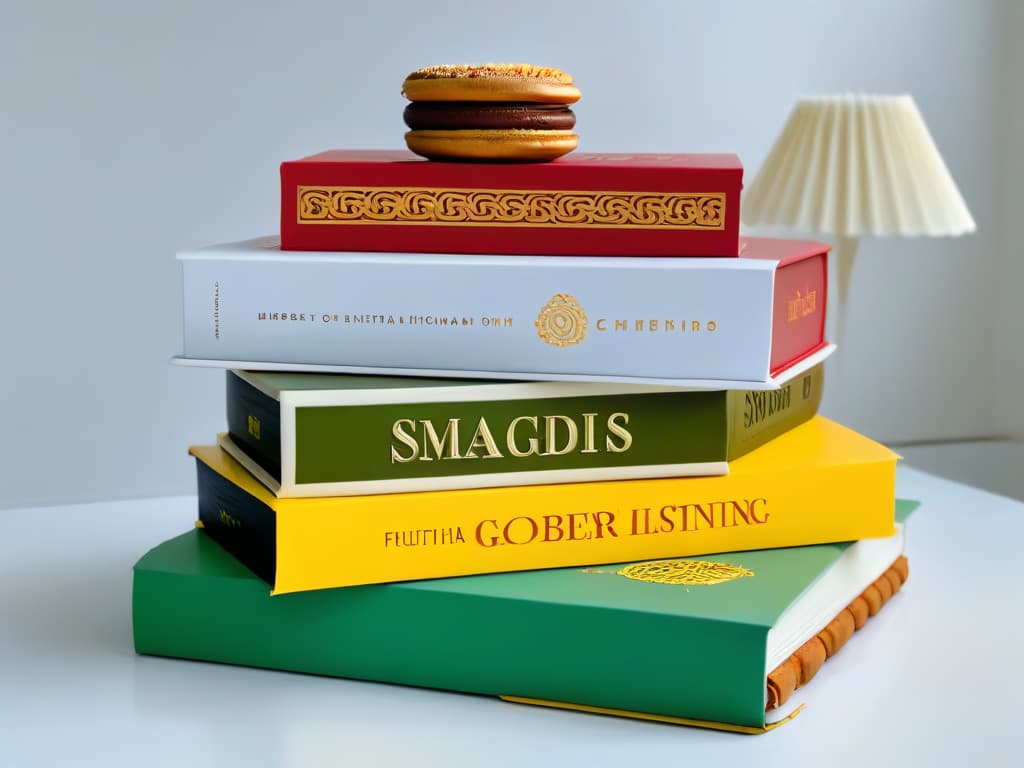  A minimalist, ultradetailed image of a stack of colorful international pastry cookbooks with intricate designs and embossed titles, set against a clean white background. Each book features a unique cuisine's traditional dessert on the cover, such as a French macaron, Italian tiramisu, Japanese mochi, and Mexican churros. The titles are elegantly displayed in various fonts and languages, symbolizing the diverse array of global flavors awaiting readers within the pages. hyperrealistic, full body, detailed clothing, highly detailed, cinematic lighting, stunningly beautiful, intricate, sharp focus, f/1. 8, 85mm, (centered image composition), (professionally color graded), ((bright soft diffused light)), volumetric fog, trending on instagram, trending on tumblr, HDR 4K, 8K