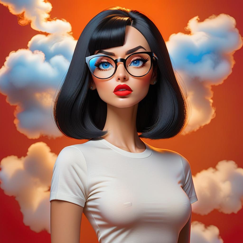  girl in a T shirt, black hair, blue eyes, red lips, glasses, bob hairstyle, orange background hyperrealistic, full body, detailed clothing, highly detailed, cinematic lighting, stunningly beautiful, intricate, sharp focus, f/1. 8, 85mm, (centered image composition), (professionally color graded), ((bright soft diffused light)), volumetric fog, trending on instagram, trending on tumblr, HDR 4K, 8K