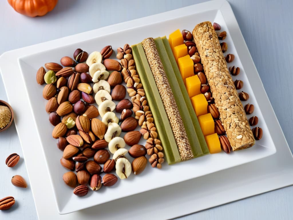  A closeup, highresolution image of a beautifully arranged assortment of various nuts and seeds on a sleek, modern, white ceramic plate. The nuts include almonds, walnuts, pecans, hazelnuts, and pistachios, while the seeds feature pumpkin seeds, chia seeds, and flaxseeds. Each nut and seed is meticulously placed to create a visually appealing and appetizing display, showcasing the natural textures and colors of these ingredients. The lighting is soft, casting gentle shadows to add depth and dimension to the composition, highlighting the richness and versatility of using nuts and seeds in sugarfree baking. hyperrealistic, full body, detailed clothing, highly detailed, cinematic lighting, stunningly beautiful, intricate, sharp focus, f/1. 8, 85mm, (centered image composition), (professionally color graded), ((bright soft diffused light)), volumetric fog, trending on instagram, trending on tumblr, HDR 4K, 8K