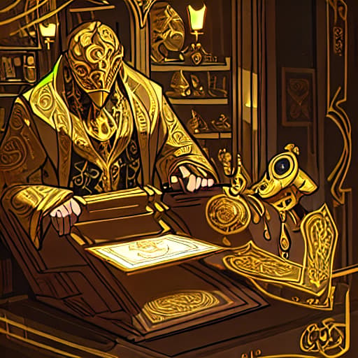  The Invitation Illustration: A beautifully ornate masquerade invitation with intricate details and gold foiling. : The Mask Shop Illustration: A dimly lit shop filled with an array of ornate