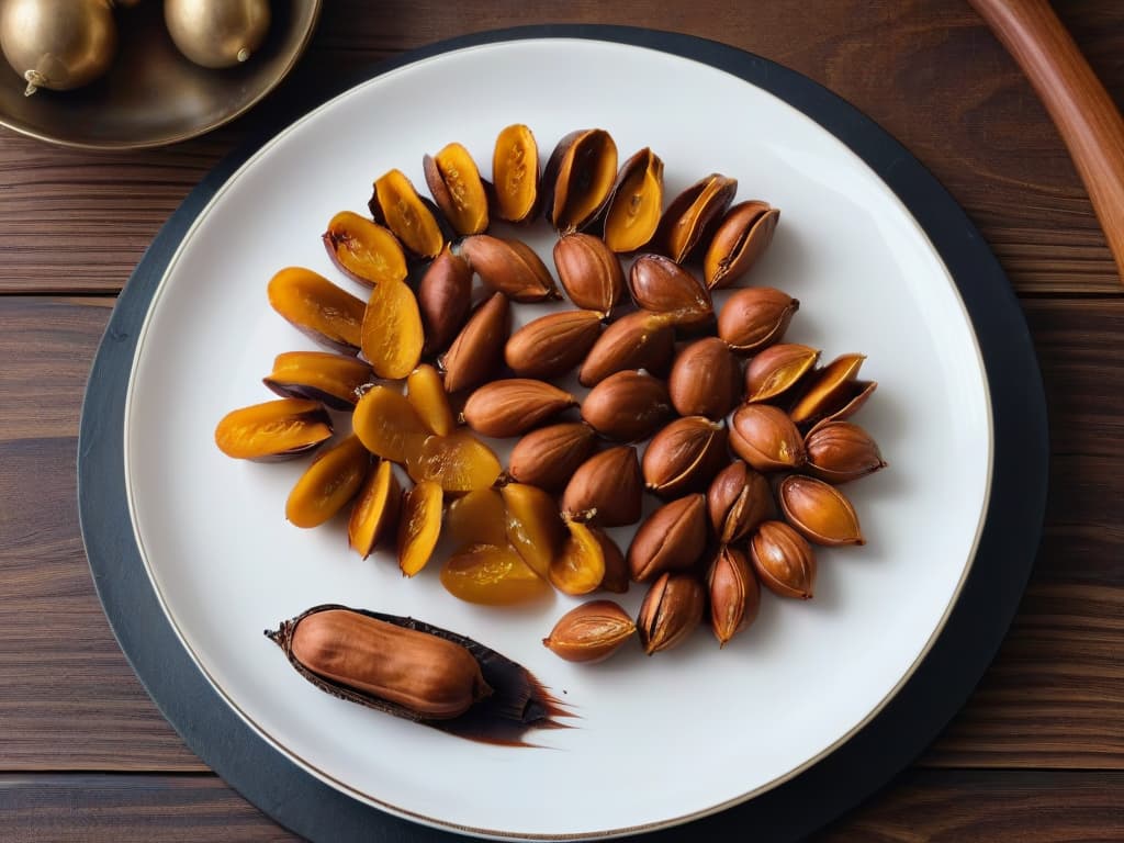  A highresolution closeup image of a glossy, caramelcolored tamarind pod split open to reveal the sticky, tangy pulp inside, surrounded by a scattering of dark brown tamarind seeds on a sleek, modern white ceramic plate, capturing the textures and vibrant colors of this exotic ingredient in exquisite detail. hyperrealistic, full body, detailed clothing, highly detailed, cinematic lighting, stunningly beautiful, intricate, sharp focus, f/1. 8, 85mm, (centered image composition), (professionally color graded), ((bright soft diffused light)), volumetric fog, trending on instagram, trending on tumblr, HDR 4K, 8K