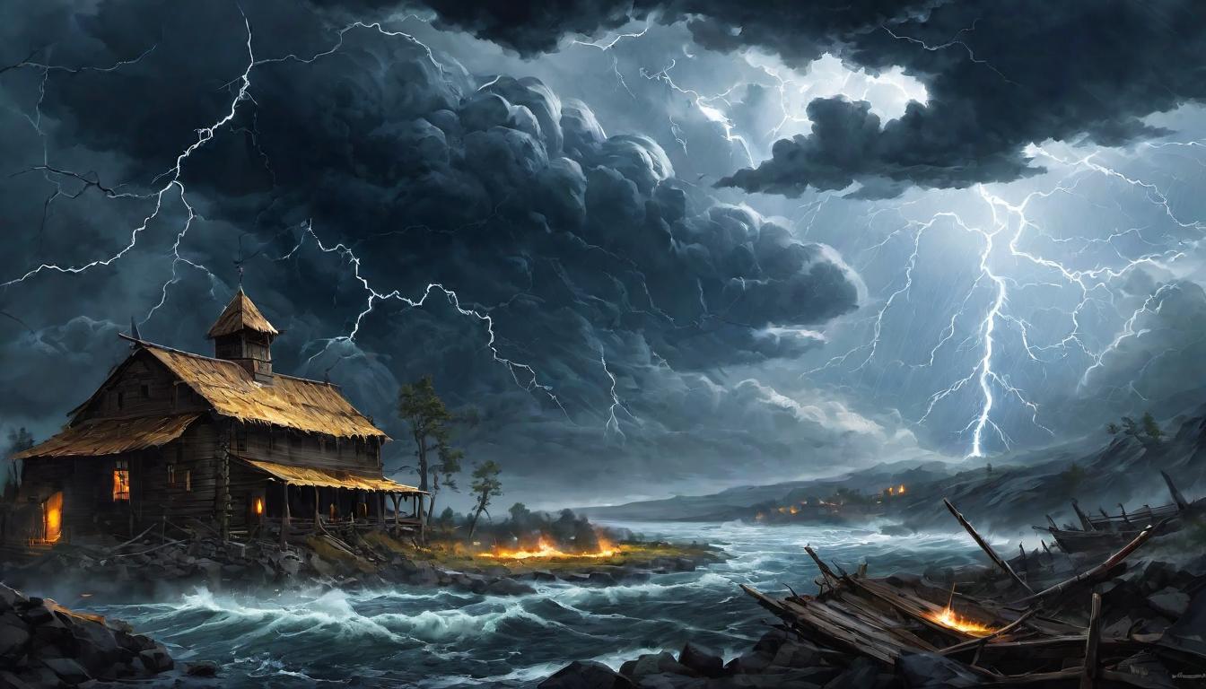  digital painting of Churning storm clouds over a fractured land, lightning illuminates discord, chains breaking, symbols of tyranny and liberation, a moment before the storm, charged atmosphere, dynamic and tense looking at viewer, dynamic pose, (intricate details, masterpiece, best quality)