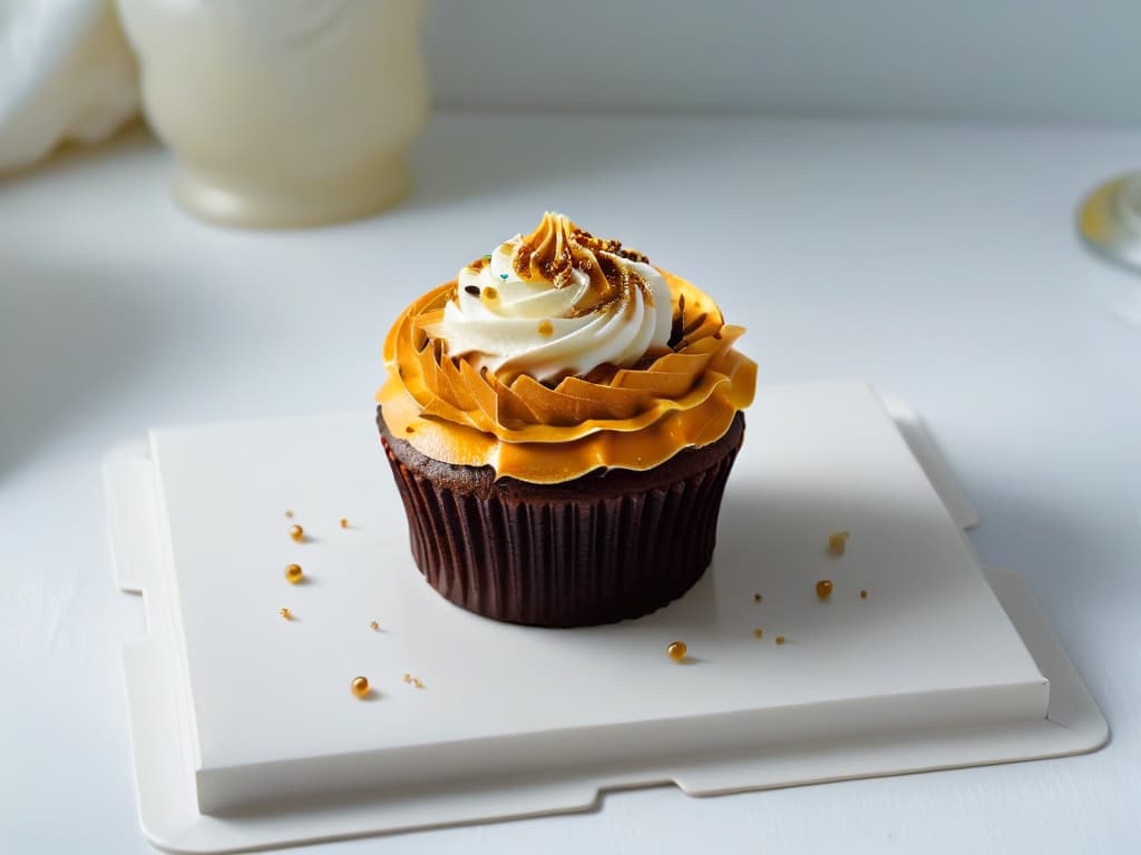  A closeup, ultradetailed image of a delicate, intricately designed sugarfree cupcake, showcasing vibrant colors and decadent frosting made from natural sweeteners. The cupcake sits on a simple, elegant white plate, with a subtle glimmer of natural light illuminating its exquisite details, highlighting the meticulous craftsmanship that goes into creating delicious yet healthy treats for individuals with diabetes. hyperrealistic, full body, detailed clothing, highly detailed, cinematic lighting, stunningly beautiful, intricate, sharp focus, f/1. 8, 85mm, (centered image composition), (professionally color graded), ((bright soft diffused light)), volumetric fog, trending on instagram, trending on tumblr, HDR 4K, 8K