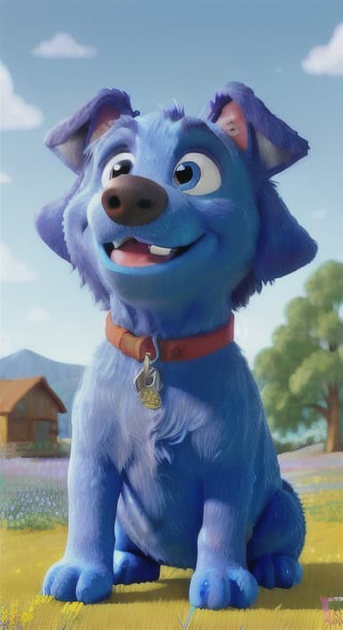  {A happy, big blue dog wagging its tail in a colorful meadow, The big blue dog is large with sky blue fur, big round eyes, a black nose, and floppy ears.