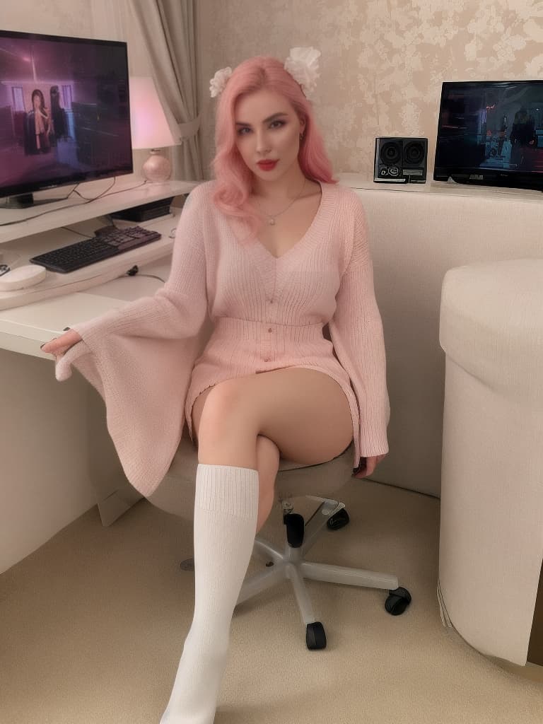  photography,LDR,HDR,UHD,4K,8K,32K,best quality,masterpiece,highly detailed,ultra fine,sharp focus,professional,vivid colorsProducts:, Appearance: old korean , pink lipstick, e aesthetic, blush, Outfit:pink , , knee high socks, Location:sitting on gaming chair, at home, next to computer,, Extra:rgb lighting, video games, streamer room, podcast, hyperrealistic, full body, detailed clothing, highly detailed, cinematic lighting, stunningly beautiful, intricate, sharp focus, f/1. 8, 85mm, (centered image composition), (professionally color graded), ((bright soft diffused light)), volumetric fog, trending on instagram, trending on tumblr, HDR 4K, 8K