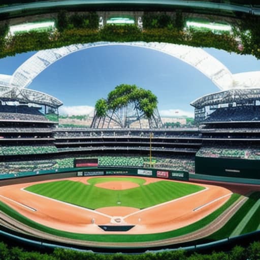  panoramic views of futuristic MLB baseball stadium with a lot of greenery and glass dome