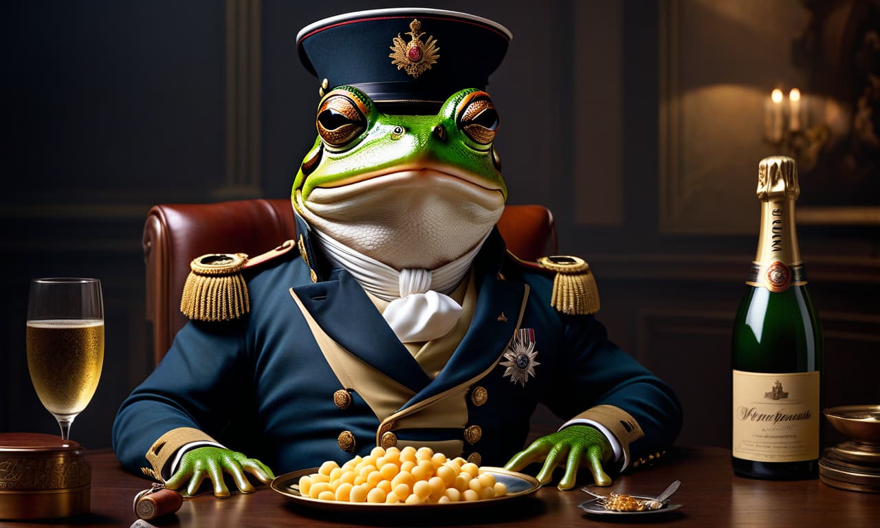  A frog in the form of a Napoleon era officer. The entire face is covered in warts and bumps. Sitting in a chair. Smoking a cigar. On the table is a bottle of champagne, a plate of macaroni, and a plate of cheese. Detailed, realistic. hyperrealistic, full body, detailed clothing, highly detailed, cinematic lighting, stunningly beautiful, intricate, sharp focus, f/1. 8, 85mm, (centered image composition), (professionally color graded), ((bright soft diffused light)), volumetric fog, trending on instagram, trending on tumblr, HDR 4K, 8K