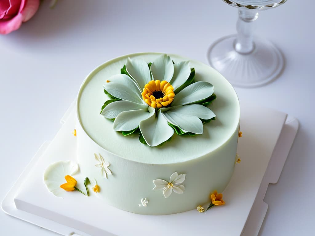  A closeup, ultradetailed image of a perfectly crafted, intricate sugar flower delicately placed on a small, elegant dessert. The flower showcases layers of delicate petals with fine details, while the dessert underneath is a simple, yet beautifully presented pastry with a glossy finish. The image is captured in a minimalist style, focusing solely on the exquisite details of the sugar flower and the dessert, set against a clean, neutral background to emphasize the artistry and craftsmanship involved in sustainable and efficient pastry practices. hyperrealistic, full body, detailed clothing, highly detailed, cinematic lighting, stunningly beautiful, intricate, sharp focus, f/1. 8, 85mm, (centered image composition), (professionally color graded), ((bright soft diffused light)), volumetric fog, trending on instagram, trending on tumblr, HDR 4K, 8K