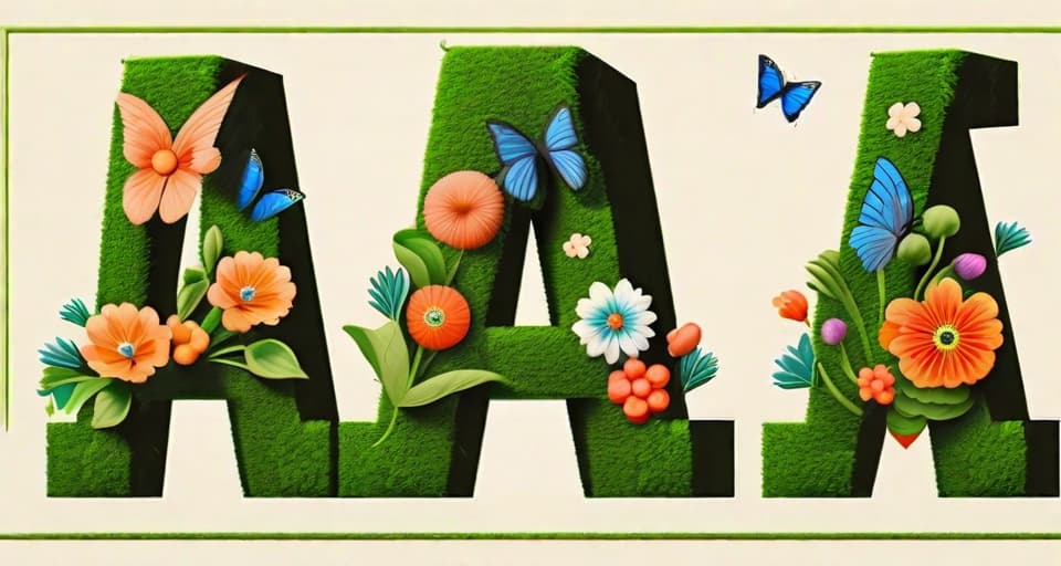  pixar style , a topiary in the style of a capital, uppercase letter A, with flowers and butterflies