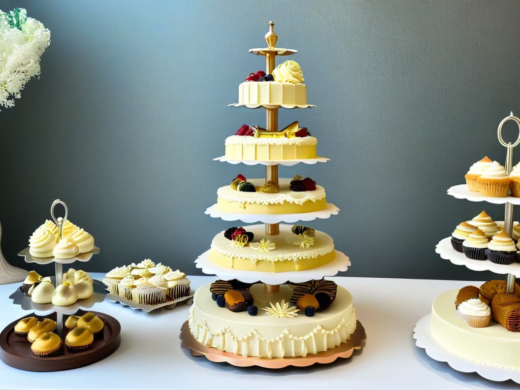  An intricately designed Victorianera cake stand adorned with delicate lace patterns, holding a selection of decadent pastries and desserts inspired by the opulence of the era. The desserts include ornate petit fours, intricate sugar sculptures, and elegantly decorated cupcakes, all meticulously crafted to showcase the fusion of luxury and innovation in Victorian pastry making. The image captures the essence of extravagance and creativity that defined Victorianera confectionery, set against a simple, monochromatic background to emphasize the intricate details of the desserts and cake stand. hyperrealistic, full body, detailed clothing, highly detailed, cinematic lighting, stunningly beautiful, intricate, sharp focus, f/1. 8, 85mm, (centered image composition), (professionally color graded), ((bright soft diffused light)), volumetric fog, trending on instagram, trending on tumblr, HDR 4K, 8K