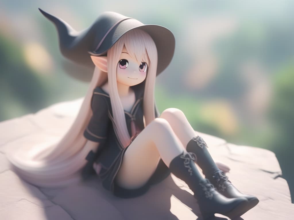  (sense of depth,outdoor),from above,(v ray render) BREAK cute girl,kawaii,cute smile,pastel colored hair,long hair,hair over body,elf,pointy ear,witch hat,magical hat,bodystocking over ,too many accessoryes,(siting in wariza,adjusting hat:1.5),convenient leg,arm,hair,light BREAK (incredibly absurdres),(highres),(texture),(contrast),(shading),(sharpness),, masterpiece, best quality,8k,ultra detailed,high resolution,an extremely delicate and beautiful,hyper detail