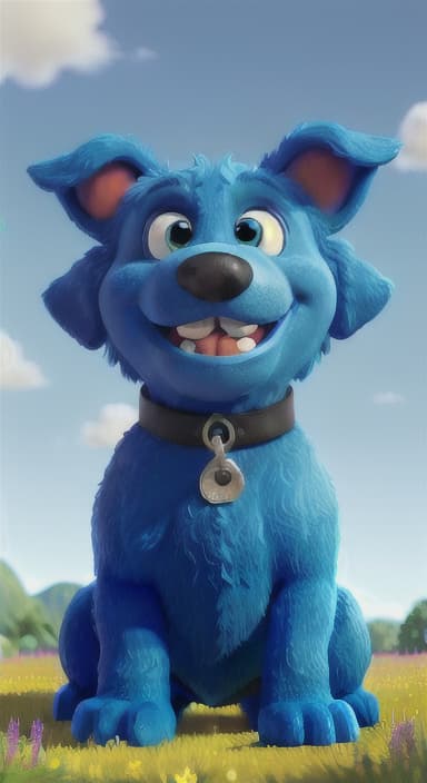  {A happy, big blue dog wagging its tail in a colorful meadow, The big blue dog is large with sky blue fur, big round eyes, a black nose, and floppy ears.