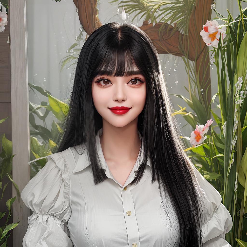  masterpiece, best quality, female,(Q version character:0.9), teacher, bushy eyebrows, watery big eyes, lipstick, raised eyebrows, smile, long hair, black hair, asymmetrical bangs, straight hair