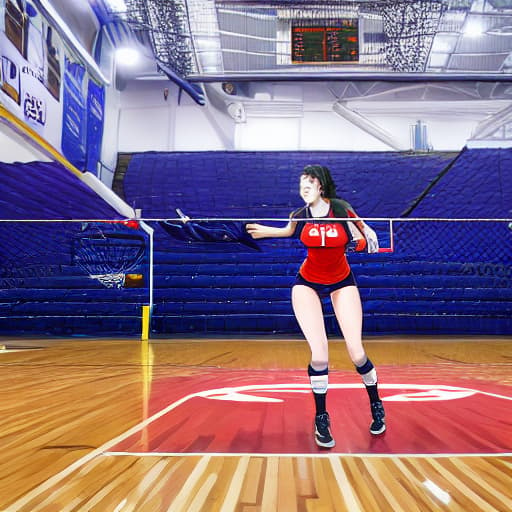  girl playing volleyball on a court alone hyperrealistic, full body, detailed clothing, highly detailed, cinematic lighting, stunningly beautiful, intricate, sharp focus, f/1. 8, 85mm, (centered image composition), (professionally color graded), ((bright soft diffused light)), volumetric fog, trending on instagram, trending on tumblr, HDR 4K, 8K