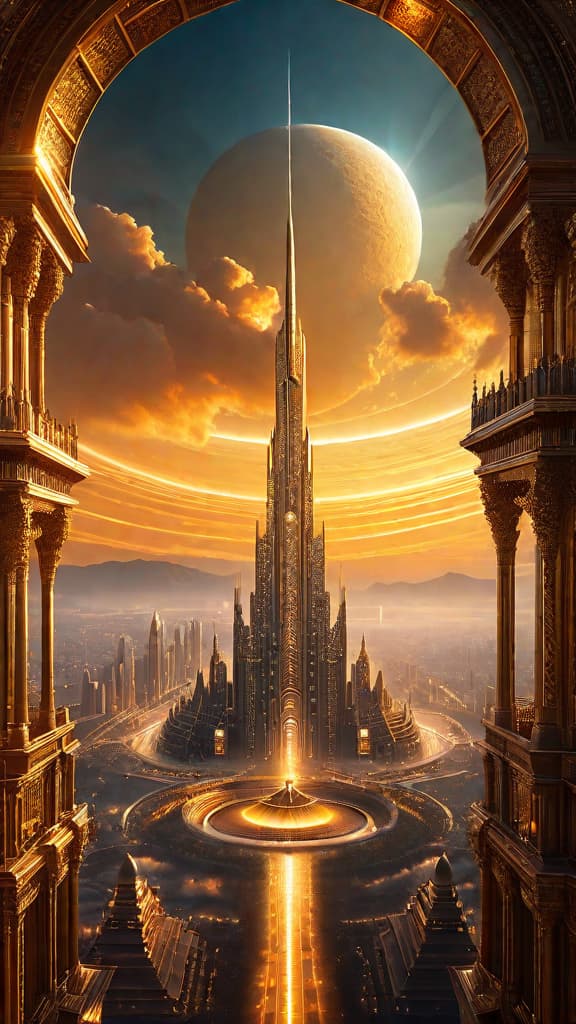  (A vast, grandiose city skyline filled with ornate, towering structures powered by glowing, ethereal energy fields. The architecture displays an intricate, otherworldly design that defies conventional engineering, hinting at the advanced technological capabilities of the Tartarian Empire. The sky is tinted with a warm, golden hue, creating an atmospheric ambiance that evokes a sense of wonder and a bygone era. In the foreground, futuristic looking power generators and transmission towers emit shimmering, pulsing energy, representing the Tartarians' mastery of atmospheric energy and free power for all.) hyperrealistic, full body, detailed clothing, highly detailed, cinematic lighting, stunningly beautiful, intricate, sharp focus, f/1. 8, 85mm, (centered image composition), (professionally color graded), ((bright soft diffused light)), volumetric fog, trending on instagram, trending on tumblr, HDR 4K, 8K