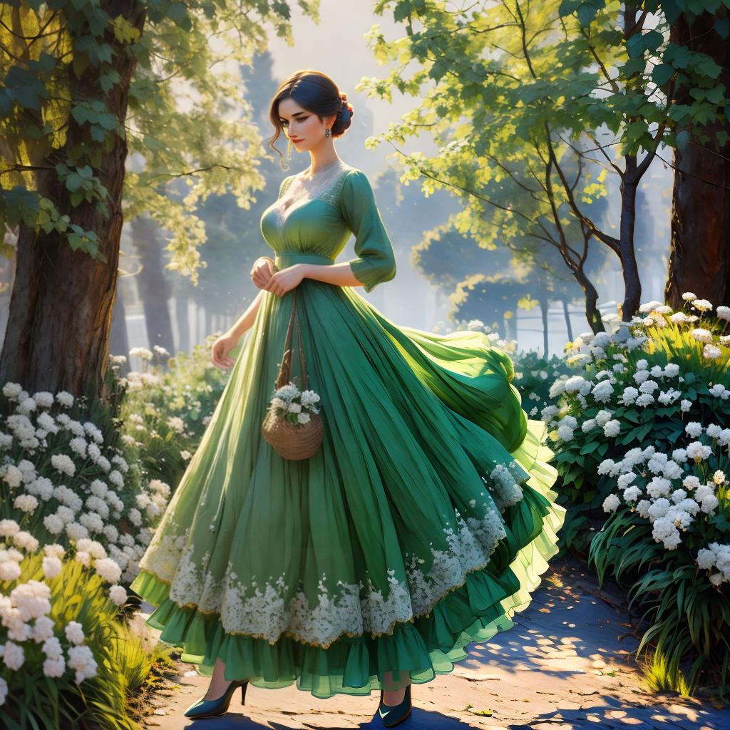  a woman in green dress painted in style od impressionism hyperrealistic, full body, detailed clothing, highly detailed, cinematic lighting, stunningly beautiful, intricate, sharp focus, f/1. 8, 85mm, (centered image composition), (professionally color graded), ((bright soft diffused light)), volumetric fog, trending on instagram, trending on tumblr, HDR 4K, 8K