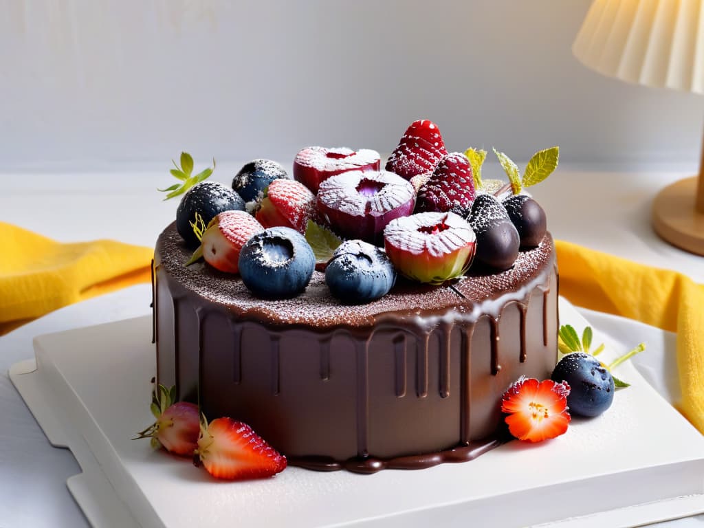  A minimalist, highresolution image of a beautifully decorated vegan chocolate cake, topped with fresh berries and edible flowers, set on a sleek white ceramic cake stand against a soft, blurred background of a modern kitchen. The cake is elegantly garnished with delicate chocolate shavings and a dusting of powdered sugar, exuding a sense of sophistication and culinary artistry. The vibrant colors of the fruits and flowers pop against the rich, dark chocolate cake, creating a visually stunning and appetizing composition that is both simple and elegant. hyperrealistic, full body, detailed clothing, highly detailed, cinematic lighting, stunningly beautiful, intricate, sharp focus, f/1. 8, 85mm, (centered image composition), (professionally color graded), ((bright soft diffused light)), volumetric fog, trending on instagram, trending on tumblr, HDR 4K, 8K