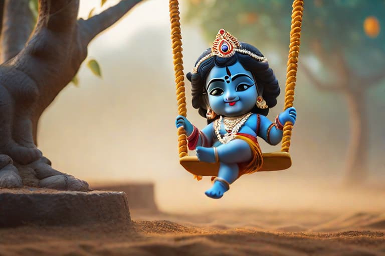  krishna swings on a swing, cute, hyper detail, full HD hyperrealistic, full body, detailed clothing, highly detailed, cinematic lighting, stunningly beautiful, intricate, sharp focus, f/1. 8, 85mm, (centered image composition), (professionally color graded), ((bright soft diffused light)), volumetric fog, trending on instagram, trending on tumblr, HDR 4K, 8K