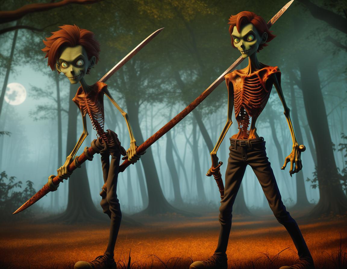  disney cartoon style, a very skinny zombie with a rusty sword, more realistic, looking at the player, background is an halloween forest