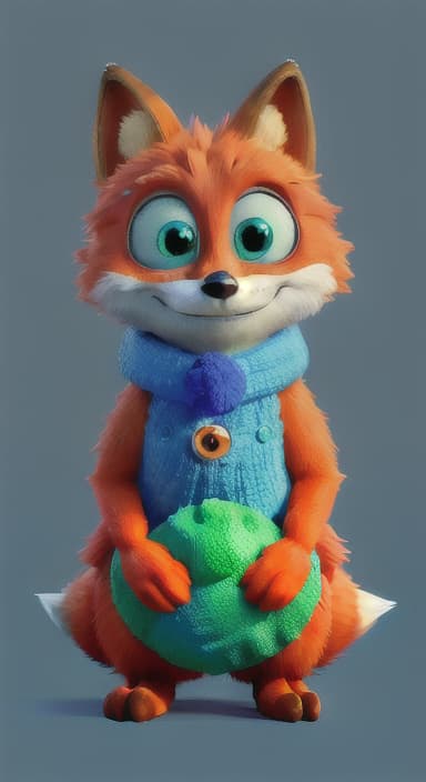  {Error the fox pressing the blue button with his paw, looking puzzled as nothing occurs., Error is a small, bright orange fox with a fluffy tail and big, inquisitive eyes. He has a mischievous yet kind expression and wears a tiny green scarf.