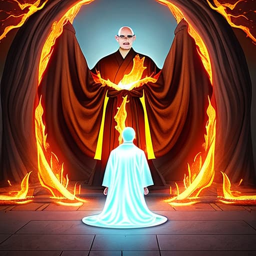  evil bald man in robes in front of a fiery portal