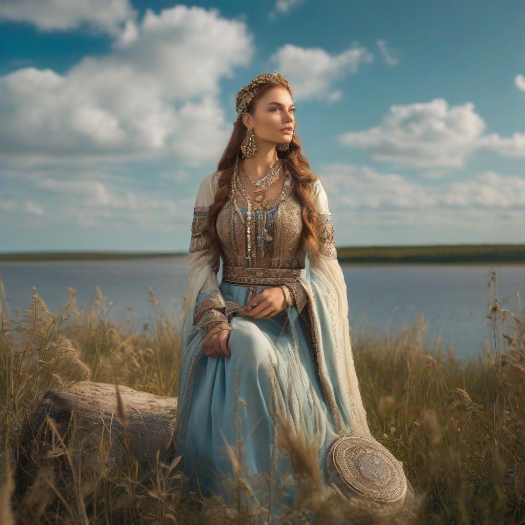  A beautiful is wearing an ancient Slavic outfit with decorations and earrings, celets in Russian style. Behind her is a wood and the sea. Against the backdrop is a light blue sky with white clouds. hyperrealistic, full body, detailed clothing, highly detailed, cinematic lighting, stunningly beautiful, intricate, sharp focus, f/1. 8, 85mm, (centered image composition), (professionally color graded), ((bright soft diffused light)), volumetric fog, trending on instagram, trending on tumblr, HDR 4K, 8K