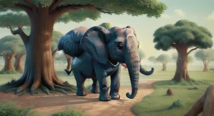  {The elephant walking toward the giant tree with curiosity., The elephant has a long trunk and big ears. It looks friendly and excited.