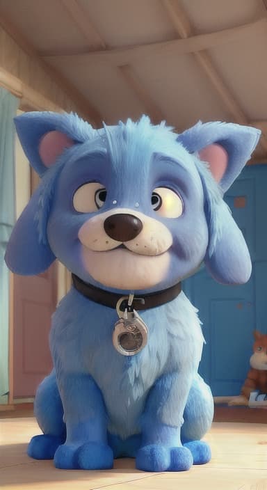  {Max snuggled up in his comfy dog bed inside the house, fast asleep, The big blue dog is large with sky blue fur, big round eyes, a black nose, and floppy ears.