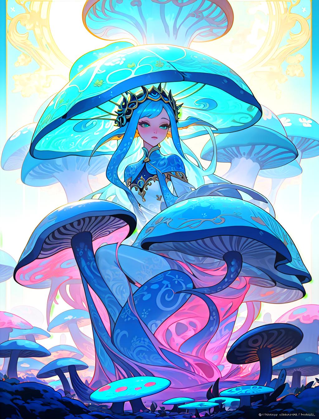  Create a digital artwork inspired by the style of loish on Artstation, featuring a woman portrayed with vibrant blue mushrooms adorning her head. Infuse the piece with psychedelic elements, incorporating a white alien squid motif along with fine intricate details. The artwork should evoke an anime aesthetic, incorporating tentacles reminiscent of both loish and ross tran's work, hyperrealistic, full body, detailed clothing, highly detailed, cinematic lighting, stunningly beautiful, intricate, sharp focus, f/1. 8, 85mm, (centered image composition), (professionally color graded), ((bright soft diffused light)), volumetric fog, trending on instagram, trending on tumblr, HDR 4K, 8K hyperrealistic, full body, detailed clothing, highly detailed, cinematic lighting, stunningly beautiful, intricate, sharp focus, f/1. 8, 85mm, (centered image composition), (professionally color graded), ((bright soft diffused light)), volumetric fog, trending on instagram, trending on tumblr, HDR 4K, 8K