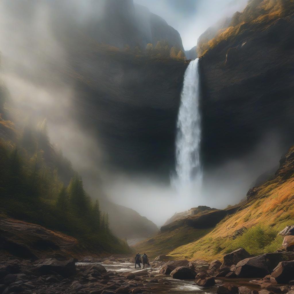  huge waterfall large canyon hyperrealistic, full body, detailed clothing, highly detailed, cinematic lighting, stunningly beautiful, intricate, sharp focus, f/1. 8, 85mm, (centered image composition), (professionally color graded), ((bright soft diffused light)), volumetric fog, trending on instagram, trending on tumblr, HDR 4K, 8K