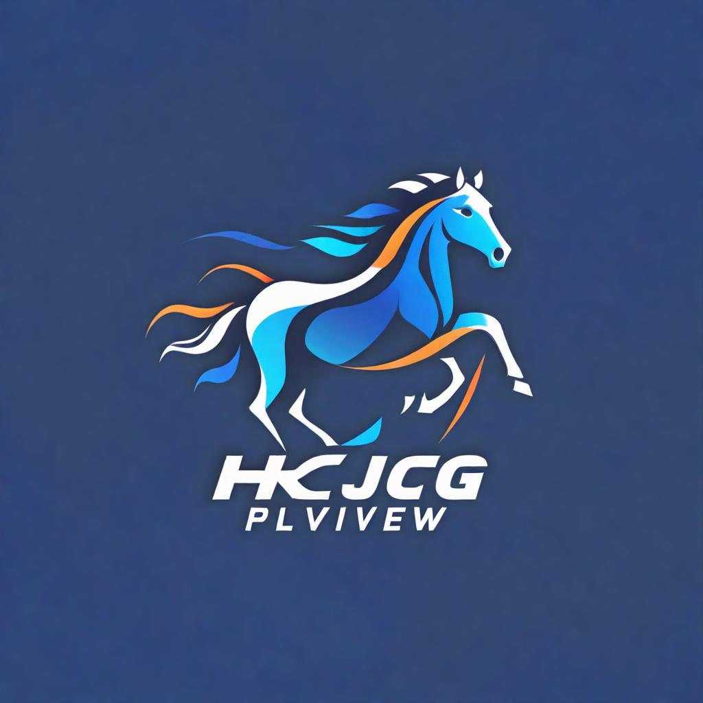  generater abstract brand logo, simple modern and cool, color theme is dark blue, logo design related to racing plus horse plus data analysis, logo text is "HKJCVIEW", logo text should show clearly
