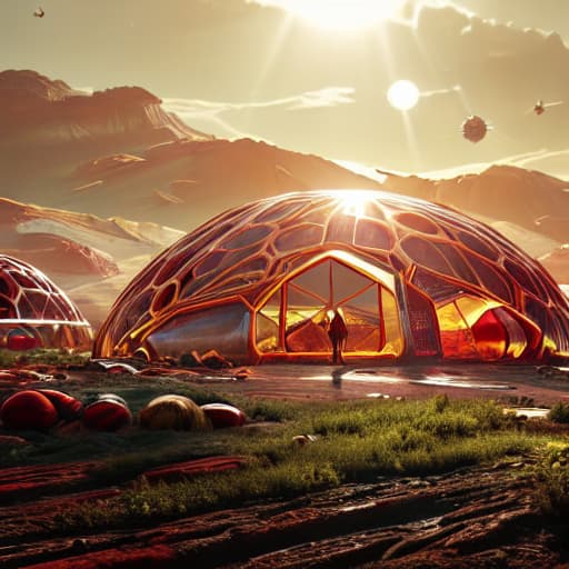 a photo of ddfusion style Create an image of a bustling Martian colony set in the year 2045. The colony consists of interconnected dome structures and modular habitats designed to support human life. In the foreground, a diverse team of astronauts—scientists, engineers, and explorers—are actively working, showcasing their efforts in agriculture, infrastructure, and scientific research. The background features the rugged, red Martian landscape with a dramatic sunset casting a golden glow over the scene. In the center of the colony, a plaque is being unveiled, dedicated to the spirit of exploration. The scene should reflect hope, ingenuity, and the pioneering spirit of humanity's first steps on Mars. human operation to dikhao ismein hyperrealistic, full body, detailed clothing, highly detailed, cinematic lighting, stunningly beautiful, intricate, sharp focus, f/1. 8, 85mm, (centered image composition), (professionally color graded), ((bright soft diffused light)), volumetric fog, trending on instagram, trending on tumblr, HDR 4K, 8K