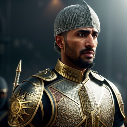  a muslim warrior hyperrealistic, full body, detailed clothing, highly detailed, cinematic lighting, stunningly beautiful, intricate, sharp focus, f/1. 8, 85mm, (centered image composition), (professionally color graded), ((bright soft diffused light)), volumetric fog, trending on instagram, trending on tumblr, HDR 4K, 8K