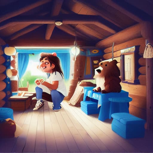  a boy with long brown hair and white shirt, blue jeans is sitting on a chair, a bear standing in front