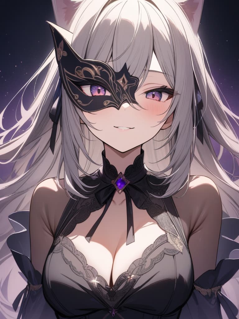  Iultra detailed:1.2,masterpiece:1.2,best quality,masterpiece,bestquality,hdr:1.1,8k:1.1,very cute girl:1.3:upper body:1.5,(large,cat masquerade mask:1.4),(black gown:1.3),black lip:1.2,purple moon:1.4,star night:1.4,seductive smile:1.8,face focus:1.4, masterpiece, best quality,8k,ultra detailed,high resolution,an extremely delicate and beautiful,hyper detail