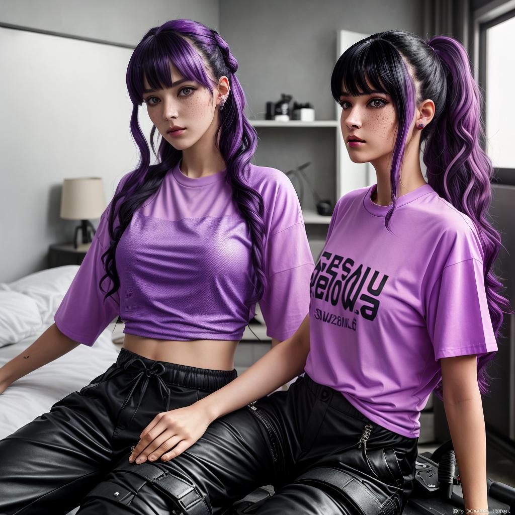  in a cyberpunk setting, cute beautiful swiss . she is quite tall and slim. she has a bright face. she has medium length curly black hair with purple tips. she has green eyes and a quite long nose. she has also cheeks quite pinked and freckles. she is wearing a light purple t-shirt and black cargo pants. she is in her room her .